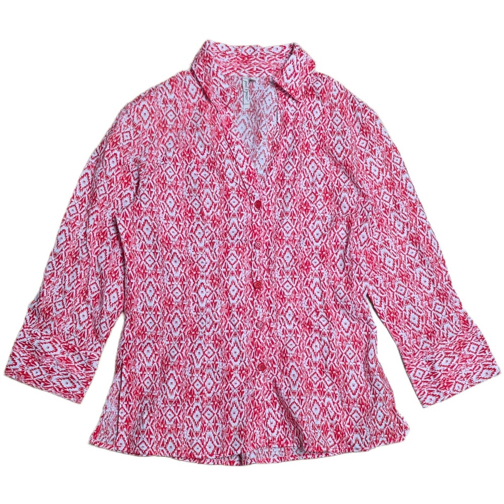 Grand & Greene Women's Orange Geometric Print Button Down Shirt Size L Linen